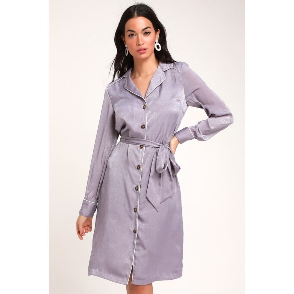 Lulus Elise Lavender Satin Long Sleeve Midi Shirt Dress Purple - Size XS
